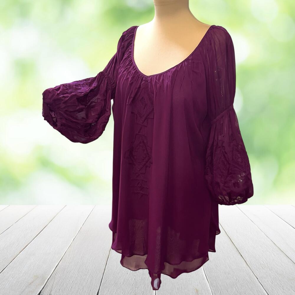 VINTAGE COLLECTION Embroidered Tunic Peasant Top Balloon Sleeve Purple Boho Sz S
